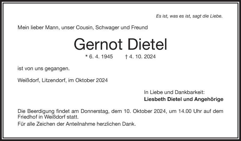  Traueranzeige für Gernot Dietel vom 08.10.2024 aus Frankenpost