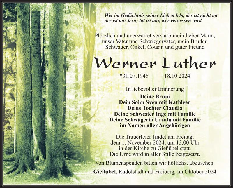 Traueranzeige für Werner Luther vom 26.10.2024 aus Südthüringer Presse