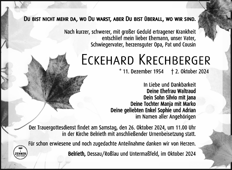  Traueranzeige für Eckehard Krechberger vom 12.10.2024 aus Südthüringer Presse