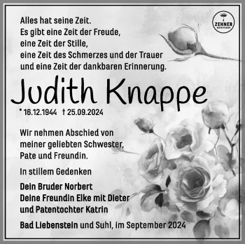 Traueranzeige von Judith Knappe von Südthüringer Presse