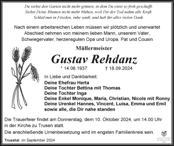 Traueranzeige von Gustav Rehdanz von Südthüringer Presse