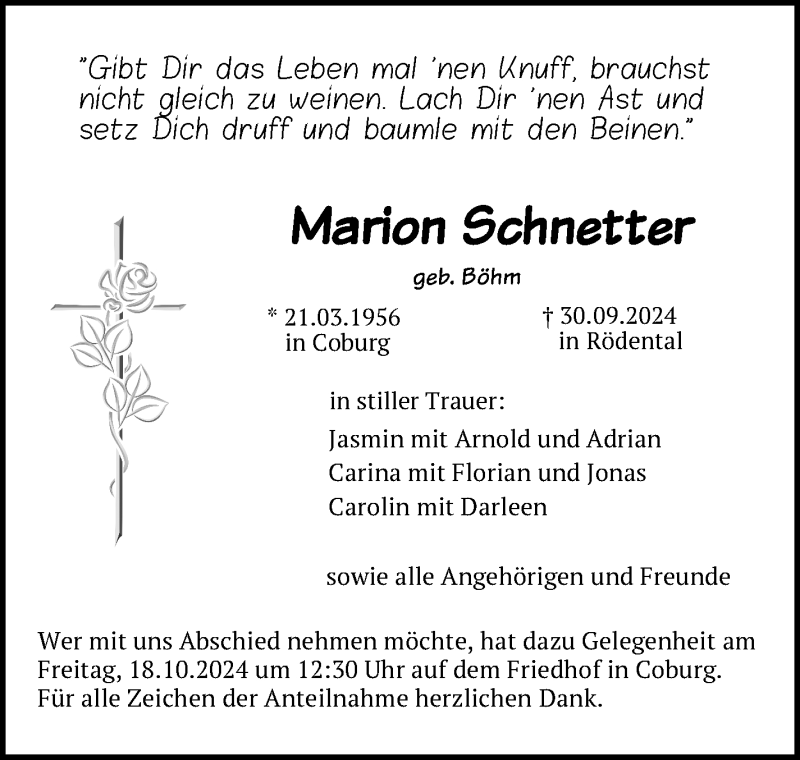  Traueranzeige für Marion Schnetter vom 12.10.2024 aus Neue Presse Coburg