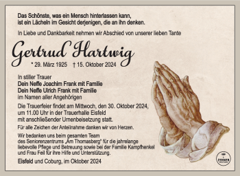 Traueranzeige von Gertrud Hartwig von Südthüringer Presse