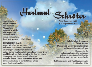 Traueranzeige von Hartmut Schröter von Südthüringer Presse