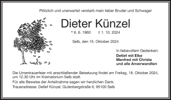 Traueranzeige von Dieter Künzel von Frankenpost