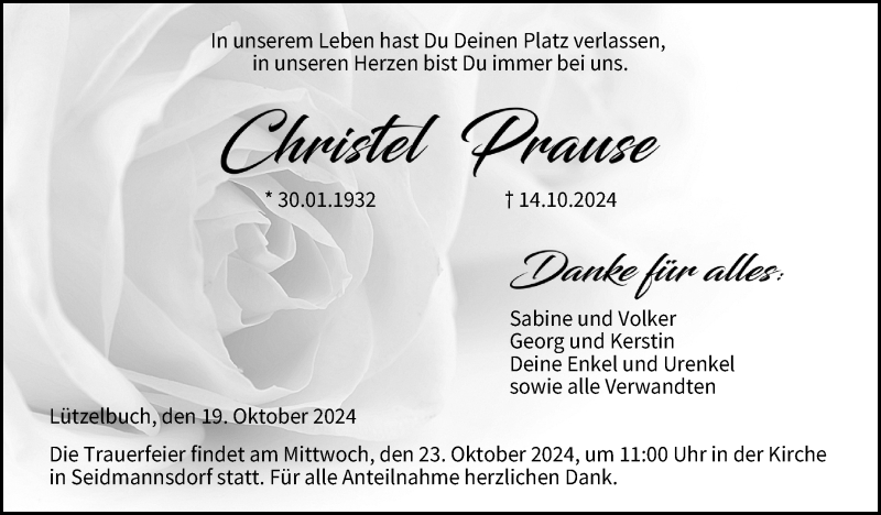  Traueranzeige für Christel Prause vom 19.10.2024 aus Neue Presse Coburg