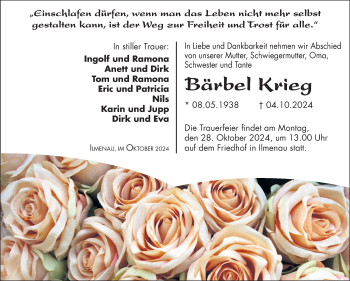 Traueranzeige von Bärbel Krieg von Südthüringer Presse