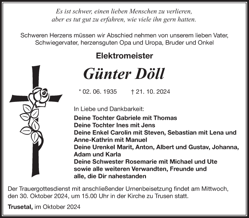  Traueranzeige für Günter Doll vom 26.10.2024 aus Südthüringer Presse