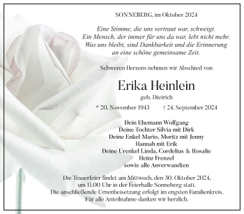 Traueranzeige von Erika Heinlein von Südthüringer Presse