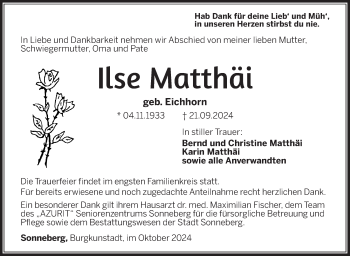 Traueranzeige von Ilse Matthäi von Südthüringer Presse