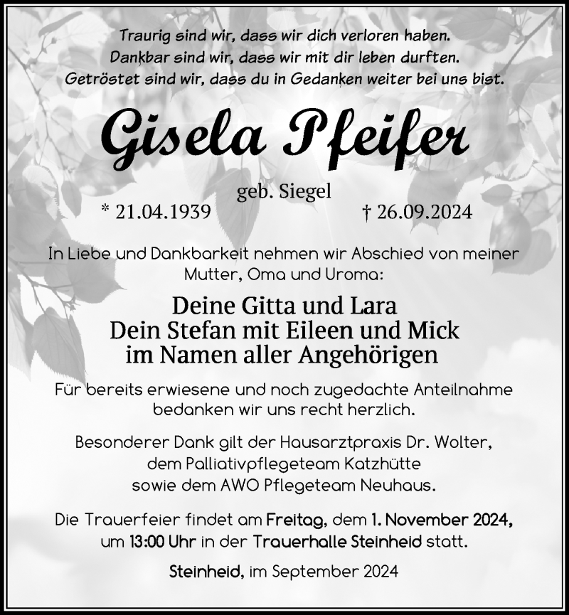  Traueranzeige für Gisela Pfeifer vom 18.10.2024 aus Südthüringer Presse