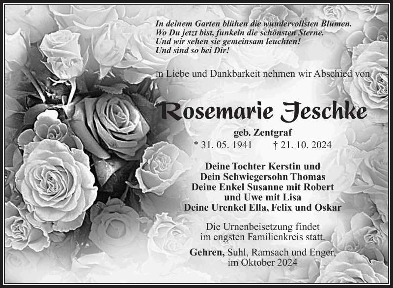  Traueranzeige für Rosemarie Jeschke vom 26.10.2024 aus Südthüringer Presse