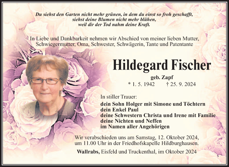  Traueranzeige für Hildegard Fischer vom 05.10.2024 aus Südthüringer Presse