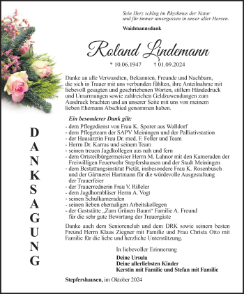 Traueranzeige von Roland Lindemann von Südthüringer Presse