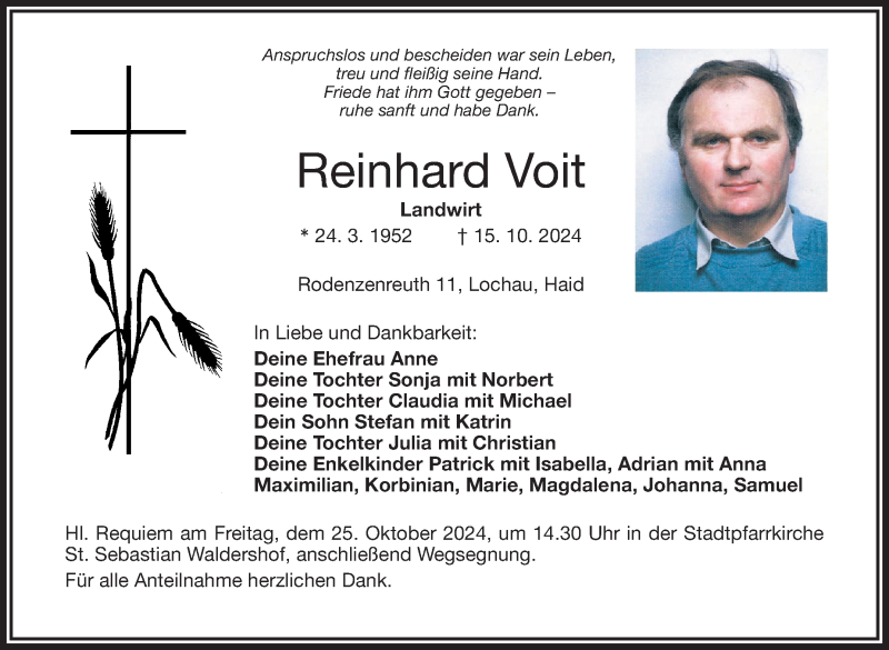  Traueranzeige für Reinhard Voit vom 19.10.2024 aus Frankenpost