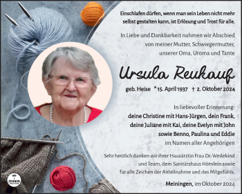 Traueranzeige von Ursula Reukauf von Südthüringer Presse