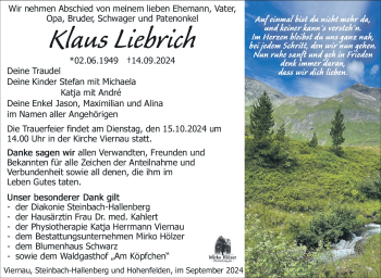 Traueranzeige von Klaus Liebrich von Südthüringer Presse