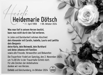 Traueranzeige von Heidemarie Dötsch von Südthüringer Presse