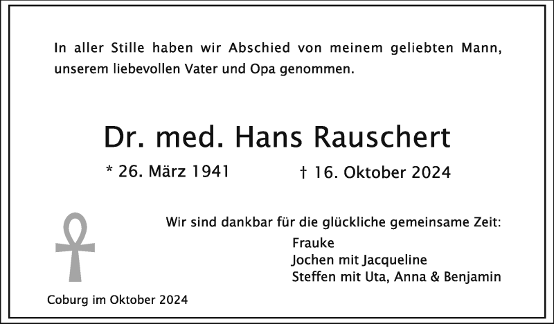  Traueranzeige für Hans Rauschert vom 30.10.2024 aus Neue Presse Coburg