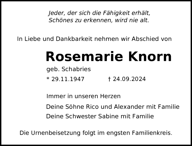  Traueranzeige für Rosemarie Knorn vom 19.10.2024 aus Südthüringer Presse