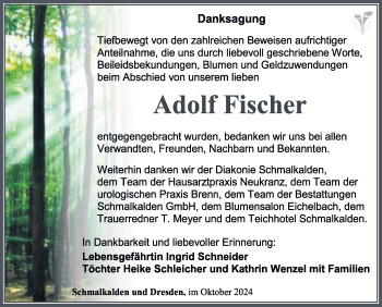 Traueranzeige von Adolf Fischer von Südthüringer Presse