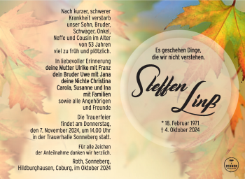 Traueranzeige von Steffen Linß von Südthüringer Presse