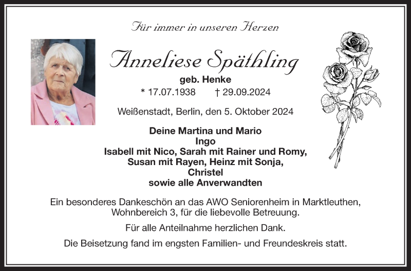  Traueranzeige für Anneliese Späthling vom 05.10.2024 aus Frankenpost