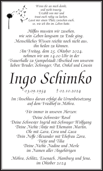 Traueranzeige von Ingo Schimko von Südthüringer Presse