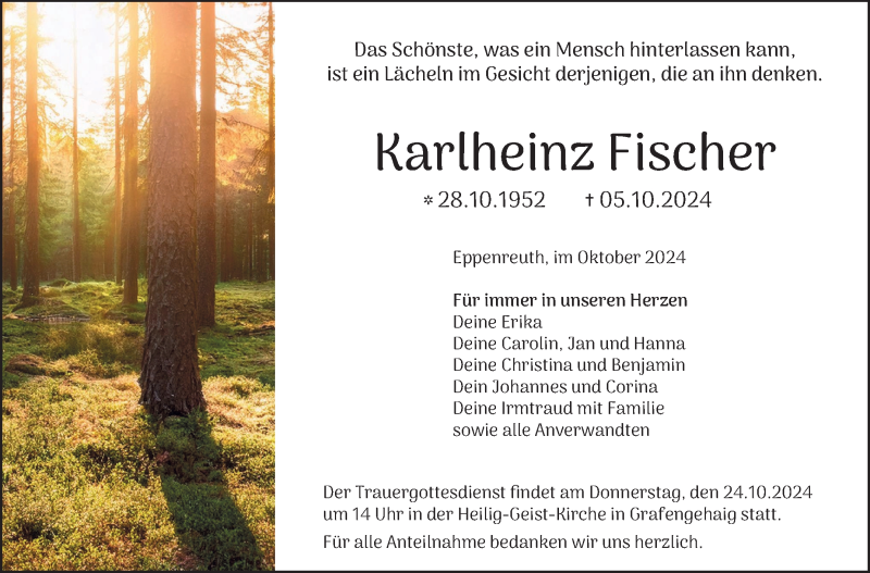  Traueranzeige für Karlheinz Fischer vom 19.10.2024 aus Frankenpost