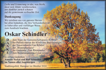 Traueranzeige von Oskar Schindler von Südthüringer Presse