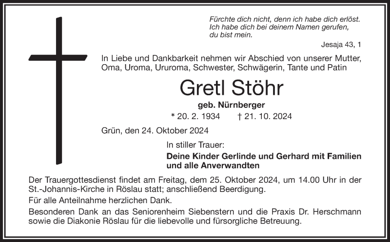  Traueranzeige für Gretl Stöhr vom 24.10.2024 aus Frankenpost