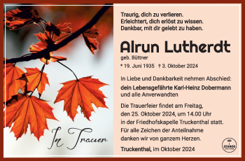 Traueranzeige von Alrun Lutherdt von Südthüringer Presse