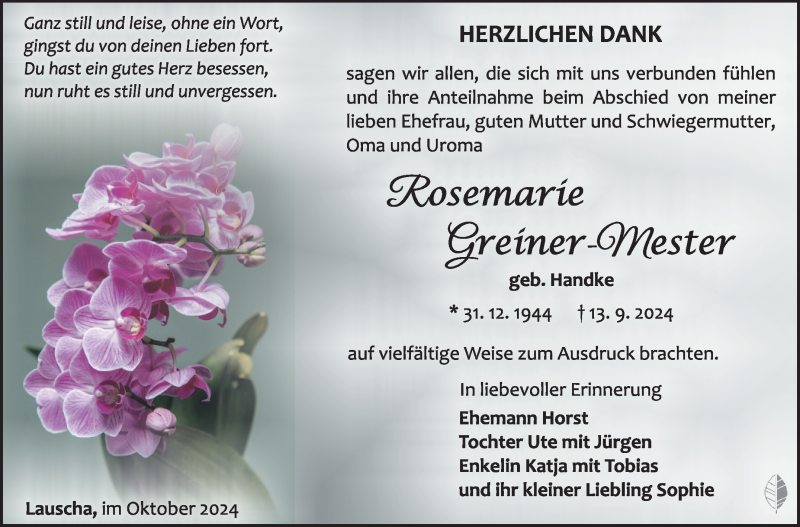  Traueranzeige für Rosemarie Greiner-Mester vom 18.10.2024 aus Südthüringer Presse