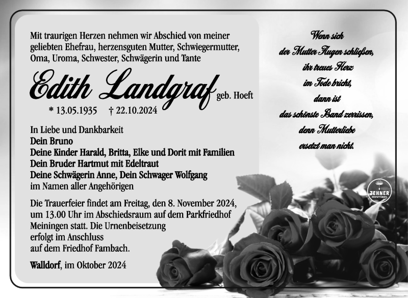  Traueranzeige für Edith Landgraf vom 26.10.2024 aus Südthüringer Presse
