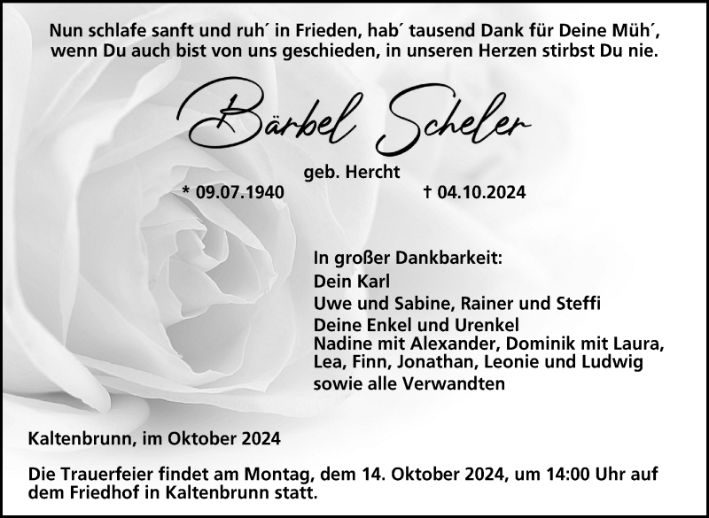  Traueranzeige für Bärbel Scheler vom 12.10.2024 aus Neue Presse Coburg