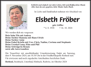 Traueranzeige von Elsbeth Fröber von Südthüringer Presse