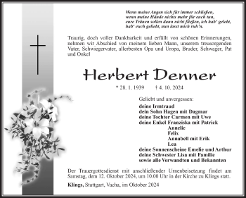 Traueranzeige von Herbert Denner von Südthüringer Presse