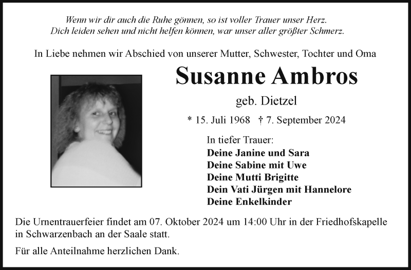  Traueranzeige für Susanne Ambros vom 05.10.2024 aus Frankenpost