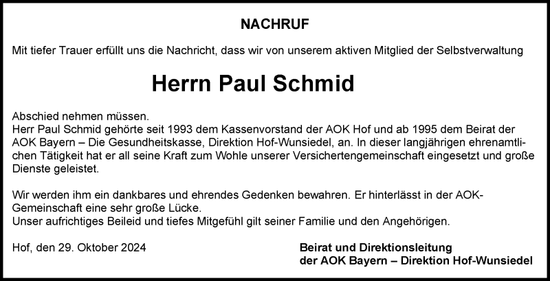  Traueranzeige für Paul Schmid vom 29.10.2024 aus Frankenpost