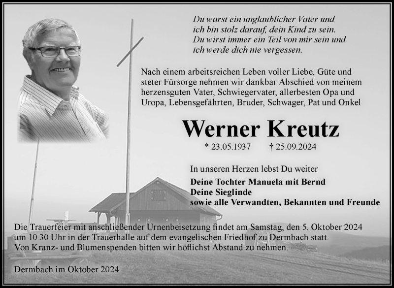 Traueranzeige für Werner Kreutz vom 01.10.2024 aus Südthüringer Presse