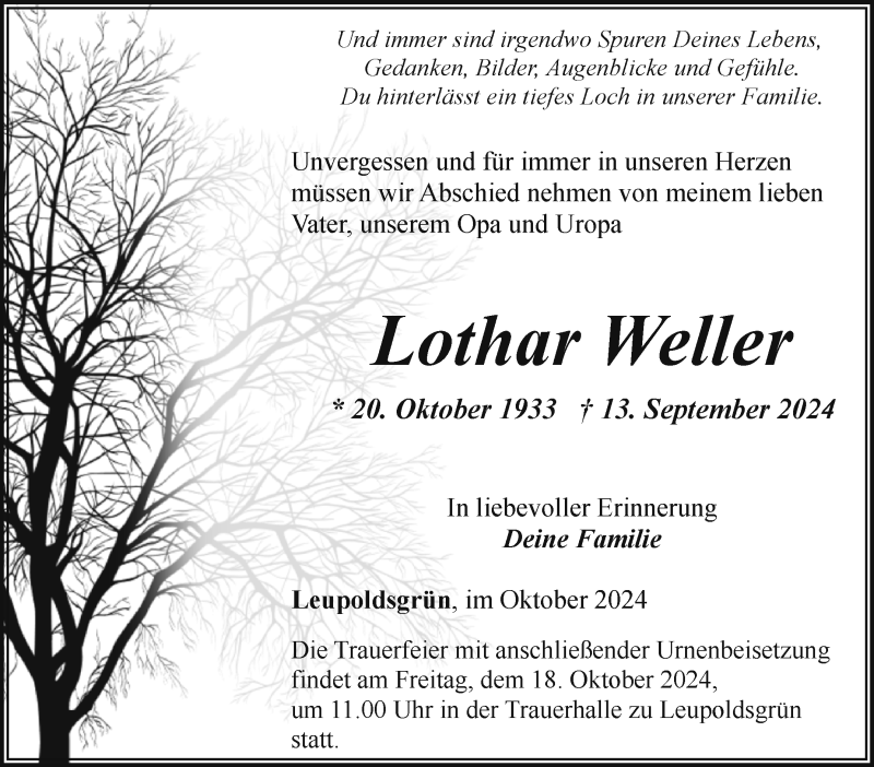  Traueranzeige für Lothar Weller vom 16.10.2024 aus Frankenpost