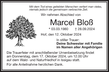 Traueranzeige von Marcel Bloß von Frankenpost