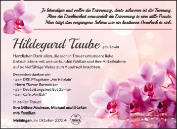 Traueranzeige von Hildegard Taube von Südthüringer Presse