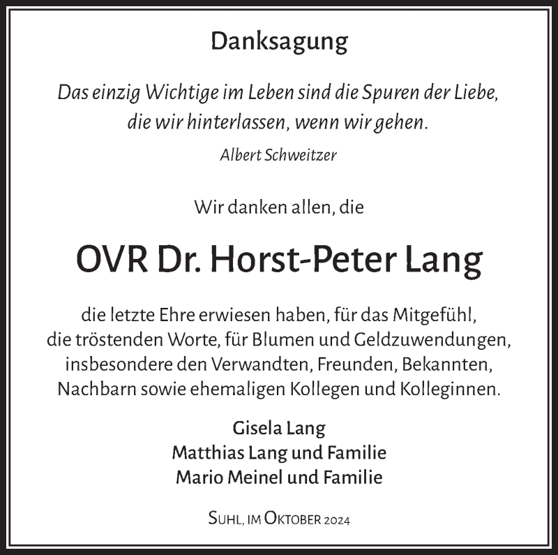  Traueranzeige für Horst-Peter Lang vom 05.10.2024 aus Südthüringer Presse