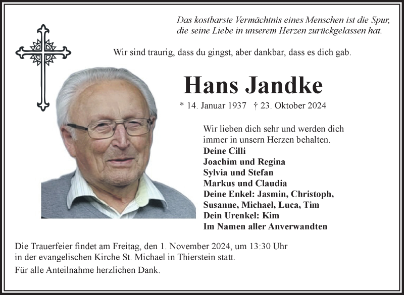  Traueranzeige für Hans Jandke vom 30.10.2024 aus Frankenpost