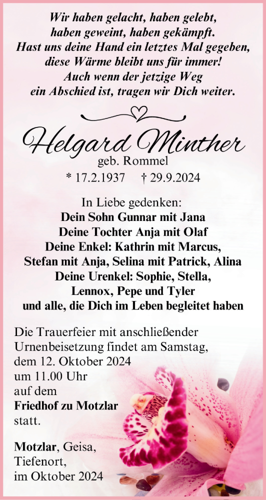  Traueranzeige für Helgard Minther vom 08.10.2024 aus Südthüringer Presse