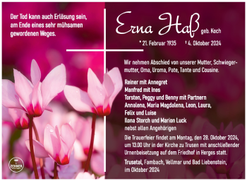 Traueranzeige von Erna Haß von Südthüringer Presse