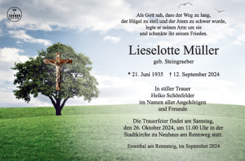 Traueranzeige von Lieselotte Müller von Südthüringer Presse
