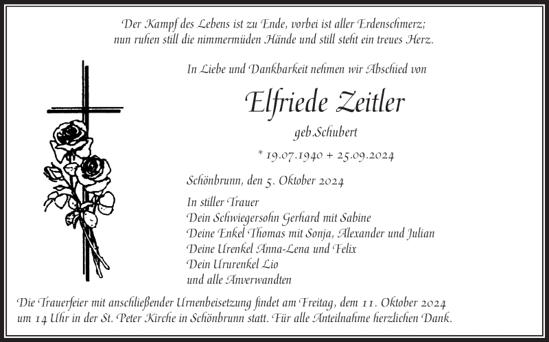  Traueranzeige für Elfriede Zeitler vom 05.10.2024 aus Frankenpost