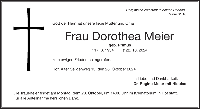  Traueranzeige für Dorothea Meier vom 26.10.2024 aus Frankenpost